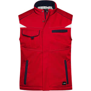 A red padded softshell vest featuring navy accents and multiple pockets. It includes a small logo.