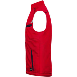A bright red softshell padded vest with sleeveless design and multiple pockets, featuring a logo.