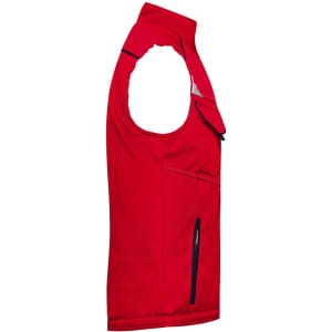 A red softshell padded vest with a zip and one pocket on the front, featuring a logo.