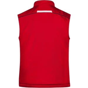 A red padded vest featuring a collar and a logo, showcasing a simple and functional design.