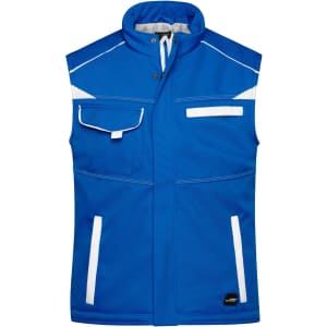A blue work vest with a padded design, featuring white accents and pockets, along with a logo on the bottom.