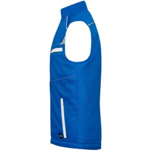 A blue softshell padded vest featuring a zip pocket and reflective accents. It has a logo on the lower section.