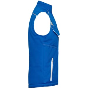 A blue softshell padded vest with a sleeveless design and front zip pockets, featuring a logo.