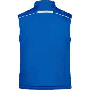 A blue softshell padded vest featuring a high collar and a logo on the back.