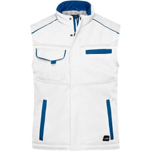 A white softshell padded vest with blue accents and pockets, featuring a logo.