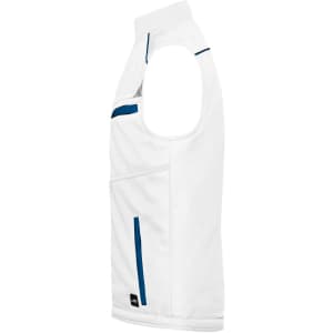 A white softshell padded vest with blue accents, featuring a side zip pocket and a logo.