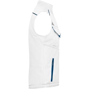 A white softshell padded vest with blue accents and a pocket, designed for workwear use.