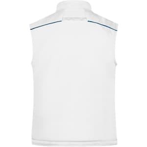 A white padded vest with a collar and blue detailing, featuring a logo on the back.