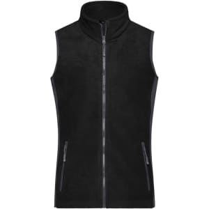 A black fleece vest with a high collar and two zippered pockets, featuring a logo on the side.