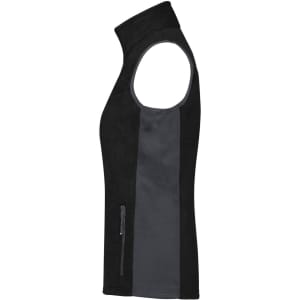 A ladies' fleece vest featuring a black and grey design, with a zip pocket and a high collar.