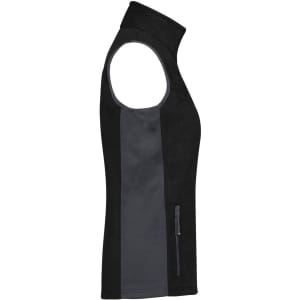 A black and grey fleece vest for ladies, featuring a zip pocket and a high collar. Includes a branding logo.
