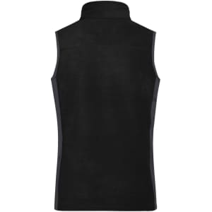 A black fleece vest with a high collar and side panels, featuring a logo on the back.