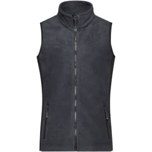 A dark grey fleece vest featuring a high collar and front zip, with two side pockets. It has a logo on it.