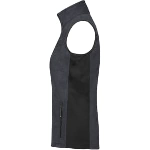 A Ladies Workwear Fleece Vest in dark grey with a black side panel, featuring a stand-up collar and zip pocket.