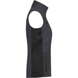 A dark grey ladies' fleece vest with a high collar and a side zip pocket, featuring a fitted design.