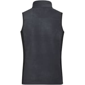 A dark grey fleece vest with a high collar and no sleeves, featuring a logo on the back.