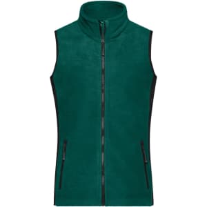 A ladies workwear fleece vest in dark green with a zip front and side pockets, featuring a logo on one side.