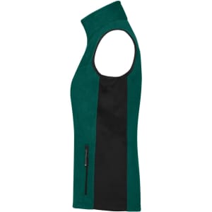 A green and black fleece vest featuring a high collar and a zippered side pocket.