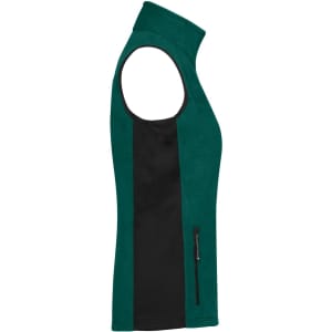 A fleece vest in green with black side panels and a zip pocket. It features a high collar and sleeveless design.