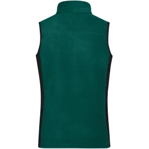 A green fleece vest with a high collar and black side panels, featuring a logo.