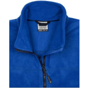 A blue fleece vest featuring a zippered front and a high collar, with a tag indicating the size.