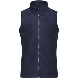 A navy fleece vest featuring a high collar and front zip, with two side pockets. It has a logo on the front.