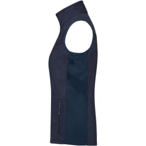 A navy fleece vest with a high collar and a side zipper pocket. Features a logo on the fabric.
