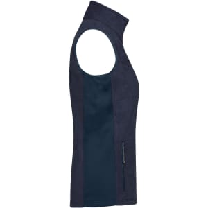 A navy blue ladies workwear fleece vest with a zip pocket and sleeveless design. Features a logo.