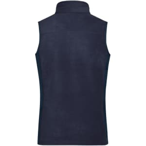 A navy fleece vest designed for women, featuring a collar and no sleeves. It has a logo on the back.