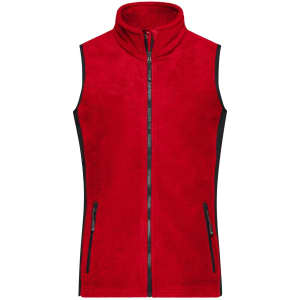 A red fleece vest with a high neck and zip front, featuring two zip pockets and a logo.