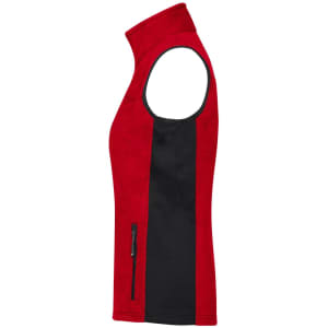 A red and black ladies' fleece vest with a zippered side pocket and a high collar. It has a logo on it.