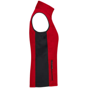 A red and black fleece vest with a zip pocket, featuring a slim fit and high collar. It has a logo on it.