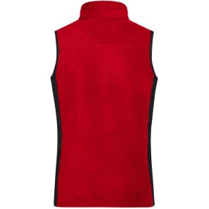 A red fleece vest with a high neck, featuring black side panels and no sleeves.