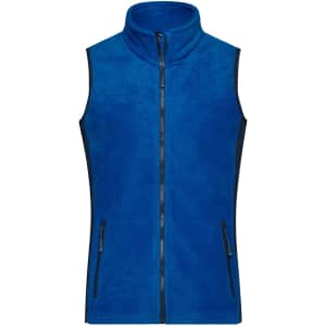A blue fleece vest with a zip front and two side pockets, featuring a logo on the chest.