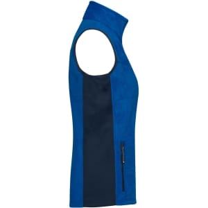 A blue and navy fleece vest with a high collar and side zipper pocket. The vest has a fitted design and an embroidered logo.