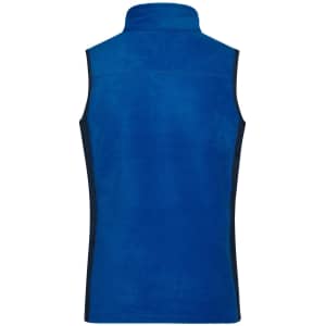A back view of a blue fleece vest with dark side panels and a collar. The vest features a logo.