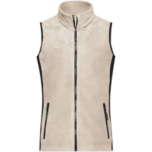 A beige fleece vest with a high collar and black side panels, featuring zip pockets and a central zipper.