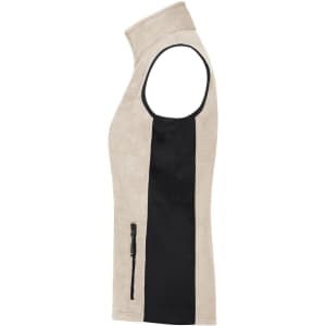 A beige fleece vest with a black side panel and a zippered pocket on the front. It features armholes and a high neck.