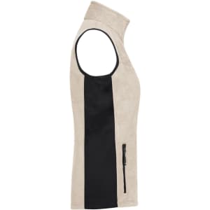 A light beige fleece vest with a black side panel and a zip pocket, featuring a high collar and sleeveless design.