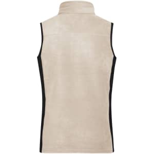 A beige fleece vest with a high collar and black side panels. It features a branding logo.