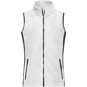 A ladies' workwear fleece vest in white with black side panels and zippered pockets. It features a high collar and a sleek design.