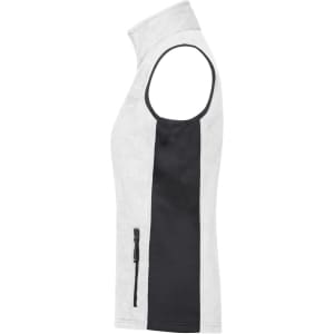 A ladies' workwear fleece vest in light grey with a black side panel, featuring a zip pocket and no sleeves.