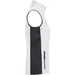 A fleece vest in grey with a black side panel and a zip pocket, featuring a sleeveless design.