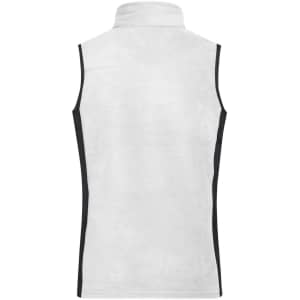 A white fleece vest with black detailing, featuring a collar and no sleeves, with a logo on the back.