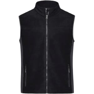 A black fleece vest featuring a zip front and side pockets, with a high collar. It includes a logo on the front.