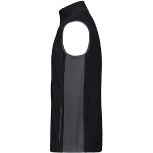A black and grey men's workwear fleece vest with a zippered side pocket and a sleeveless design.