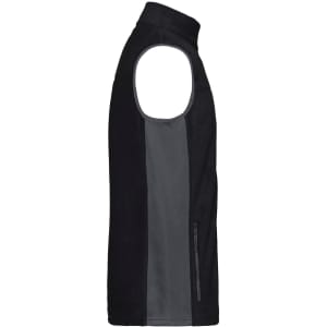 A black and grey fleece vest with a zip pocket, featuring a sleeveless design and a collar.