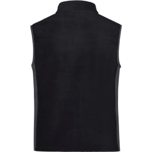 A black fleece vest designed for workwear, featuring a collar and a logo on the back.