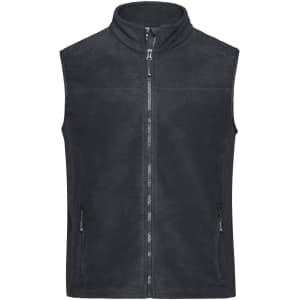 A men's workwear fleece vest in black, featuring a zip front and side pockets. The vest has a high collar and no sleeves.