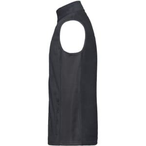 A men's workwear fleece vest in navy blue, featuring a zip pocket and a logo.